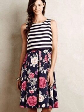 Anthropologie Moulinette Soeurs Split Stripe Floral Dress size 14